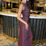 Vestido Midi Drapado com Um Ombro e Brilho Ameixa