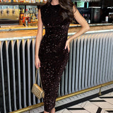 Robe Midi en Velours Chocolat Éclatant avec Paillettes et Col Ronde