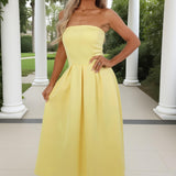 Vestido Midi A-Line com Alças em Amarelo Pastel