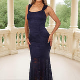 Rochie Midi Azul com Detalhes em Renda Fishtail