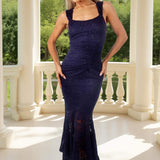 Rochie Midi Azul com Detalhes em Renda Fishtail