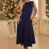 Vestido Midi Azul Marinho em Scuba com Decote Redondo e Saia em A-Line