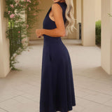 Vestido Midi Azul Marinho em Scuba com Decote Redondo e Saia em A-Line