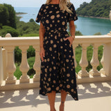 Vestido Midi Preto com Detalhes em Bege, Mangas Puff e Cintura Ajustável