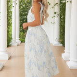Vestido Midi A-Line com Gola Racer em Azul Gelo e Estampa Jacquard Floral
