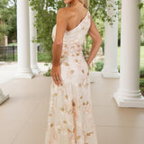 Robe Midi Chiffon Brodée Fleurs Blush à Une Épaule