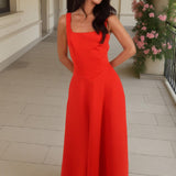 Robe Midi A-line com Decote Quadrado em Cores Laranjas