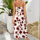 Robe Midi Bege com Estampa de Rosas e Detalhes em Cordões Frontais