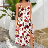 Robe Midi Bege com Estampa de Rosas e Detalhes em Cordões Frontais
