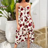 Robe Midi Bege com Estampa de Rosas e Detalhes em Cordões Frontais