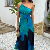 Robe Midi Floral Ousado com Um Ombro e Cintura Ajustada