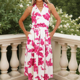 Robe Midi Floral em Rosa e Creme com Mangas Amarradas