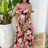 Robe Midi Floral Tropical Rosa com Ombros à Mostra e Saia em Zig Zag