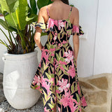 Robe Midi Floral Tropical Rosa com Ombros à Mostra e Saia em Zig Zag