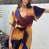 Robe Midi com Detalhes em Nó e Recortes em Estilo Multi-Impressão Smudge