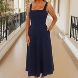 Vestido Midi A-line com Decote Quadrado na Cor Azul Marinho