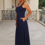 Vestido Midi A-line com Decote Quadrado na Cor Azul Marinho