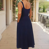 Vestido Midi A-line com Decote Quadrado na Cor Azul Marinho