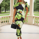 Robe Midi à Manches Bouffantes avec Imprimé Floral Noir et Vert