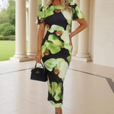 Robe Midi à Manches Bouffantes avec Imprimé Floral Noir et Vert