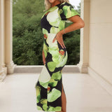 Robe Midi à Manches Bouffantes avec Imprimé Floral Noir et Vert