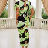 Robe Midi à Manches Bouffantes avec Imprimé Floral Noir et Vert