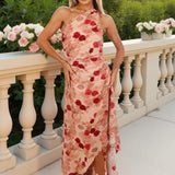 Robe Midi com Estampa de Rosas em Tons Blush, Ombro Único e Barra Assimétrica