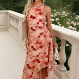 Robe Midi com Estampa de Rosas em Tons Blush, Ombro Único e Barra Assimétrica