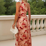 Robe Midi com Estampa de Rosas em Tons Blush, Ombro Único e Barra Assimétrica