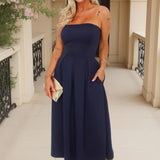 Vestido Midi A-Line com Alças na Cor Azul Marinho