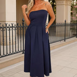 Vestido Midi A-Line com Alças na Cor Azul Marinho