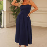 Vestido Midi A-Line com Alças na Cor Azul Marinho