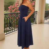 Vestido Midi A-Line com Alças na Cor Azul Marinho