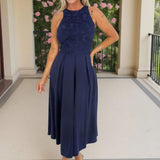 Vestido Midi com Saia A-Line e Top Bordado na Cor Azul Marinho
