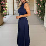 Vestido Midi com Saia A-Line e Top Bordado na Cor Azul Marinho