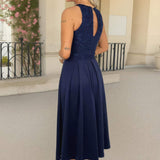 Vestido Midi com Saia A-Line e Top Bordado na Cor Azul Marinho