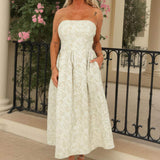 Vestido Midi A-Line com Corpete e Estampa Jacquard Floral na Cor Sage