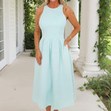 Vestido Midi com Saia Plissada e Gola Racer na Cor Verde Menta