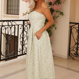 Vestido Midi A-Line com Corpete e Estampa Jacquard Floral na Cor Sage