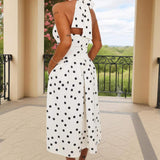 Vestido Midi com Gola Halter em Listras Pretas e Brancas