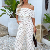 Salopete Bardot com Babados em Estampa de Bolinhas Creme e Marrom
