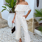 Salopete Bardot com Babados em Estampa de Bolinhas Creme e Marrom