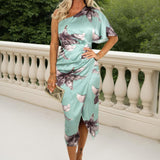 Robe midi satinée à imprimé floral, asymétrique à une épaule, jupe enveloppante, couleur œuf de canard