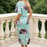 Robe midi satinée à imprimé floral, asymétrique à une épaule, jupe enveloppante, couleur œuf de canard