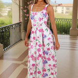 Roupão Midi em A com Estampa Floral Rosa e Decote Retangular