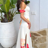 Vestido Midi Slip com Ombros Expostos e Estampa Floral Creme