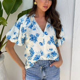 Blusa Floral Azul e Creme com Decote em V e Mangas Bufantes