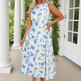 Robe midi plissée à motifs floraux en dégradé de bleu et crème