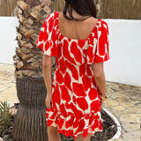 Mini Robe com Mangas de Borboleta e Renda em Estampa Abstrata Vermelha
