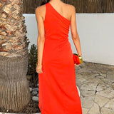Vestido Midi Laranja Queimado com Um Ombro e Saia Envolvente, Detalhe em O-Ring